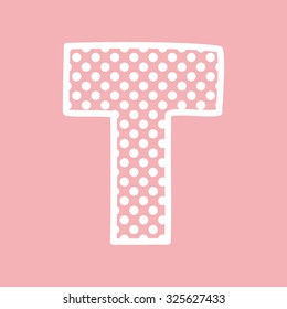 T vector alphabet letter with white polka dots on pink background