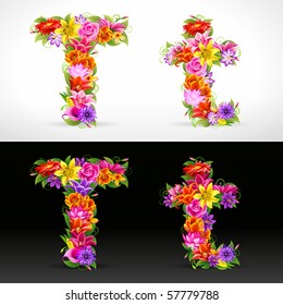 T, fuente de flores coloreadas vectoriales
