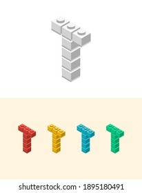 T vector letter with colourful plastic toy brick, isolated isometric 3d childish block font. Perfect for kids labels, birthday and kindergarten posters, school style, children magazines etc.