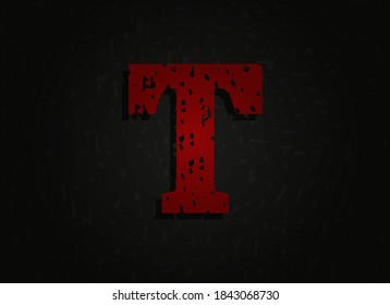 T letra roja vectorial hecha de textura gruesa. Una fuente loca de miedo brutal. Diseño de estilo temático nocturno.  Para logotipo, marca, afiche, elementos de diseño, etc.   