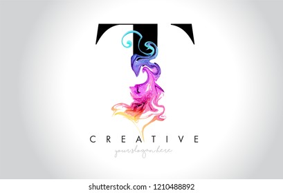 T Vibrant Creative Letter Logo Design with Colorful Smoke Ink Flowing Vector Illustration.