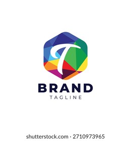 Logotipo geométrico vibrante com um "T" moderno que reflete criatividade e inovação.