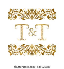 T and T vintage initials logo symbol. The letters are surrounded by ornamental elements. Wedding or business partners monogram in royal style.