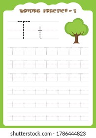 T writing practice for kids. Cartoon Illustration of tree. Preschool educational alphabet writing practice for kids. Writing book pages for kids. Uppercase and lowercase alphabet writing practice.