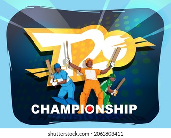 T20 Championship Concept With Faceless Cricket Batter Players On Abstract Blue Background.