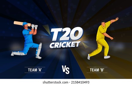 T20 Cricket Banner Design With Faceless Batsman, Bowler Player Of Participating Team A VS B On Blue And Brown Rays Background.