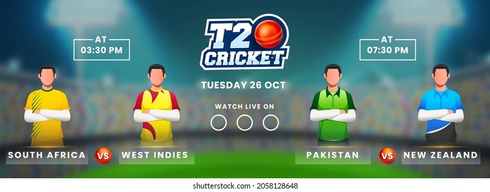 T20 Cricket Banner Or Header Design With Cricketer Player Of Participating Countries Team On Blurred Stadium Background.