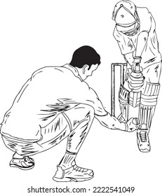 t20 cricket batsman vector and illustration; cricket coach giving tips to young players; cricket coaching academy ad banner; sketch; clip art; silhouette