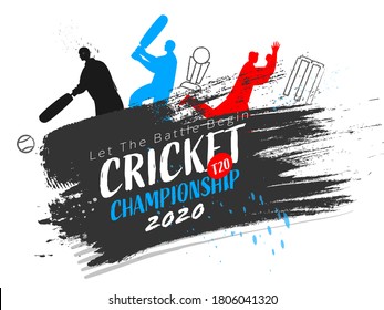 T20 Cricket Championship 2020 Poster Design with Silhouette Players in Different Action and Black Brush Stroke on White Background.