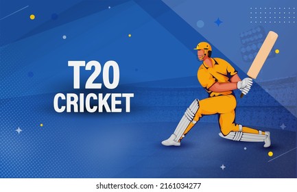 El Diseño De Banner Del Campeonato De Cricket T20 Con El Jugador De Bateador En Acción Pone De Manifiesto El Fondo Azul.