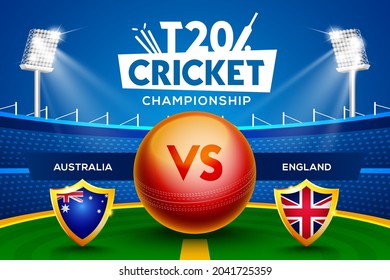 T20 Cricket Championship Concept Australia Vs England Match Header Or Banner With Cricket Ball On Stadium Background.