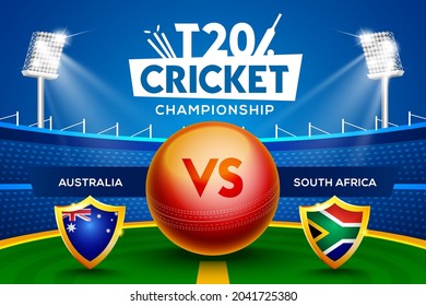 T20 Cricket Championship concept Australia vs South Africa match header or banner with cricket ball on stadium background.