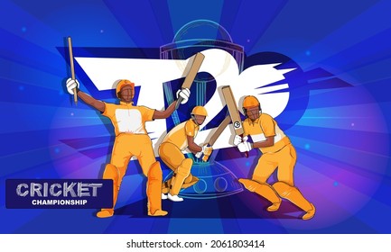 T20 Cricket Championship Concept With Cricketer Players (Batter) And Winning Trophy Cup On Blue Rays Background.