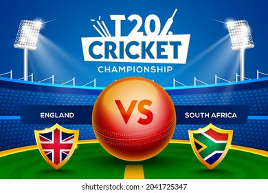 T20 Cricket Championship Concept England Vs South Africa Match Header Or Banner With Cricket Ball On Stadium Background.