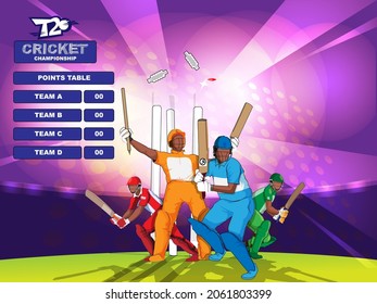 T20 Cricket Championship Concept With Faceless Batter Players In Different Attire On Shiny Purple Rays Background.