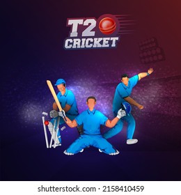 T20 Cricket Championship Concept With Faceless Cricketer Players In Playing Pose, Tournament Equipments On Blue And Claret Noise Effect Background.