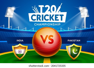 T20 Cricket Championship Concept India Vs Pakistan Match Header Or Banner With Cricket Ball On Stadium Background.