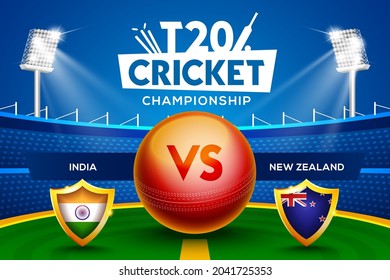 T20 Cricket Championship Concept India Vs New Zealand Match Header Or Banner With Cricket Ball On Stadium Background.