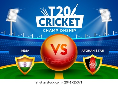 T20 Cricket Championship concept India vs Afghanistan match header or banner with cricket ball on stadium background.