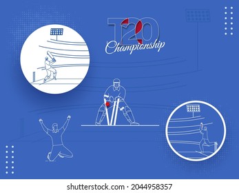 T20 Cricket Championship Concept With Linear Style Cricketer Player In Different Position On Blue Background.