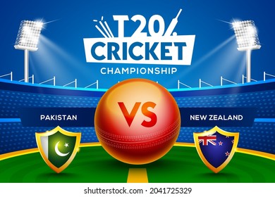 T20 Cricket Championship Concept Pakistan Vs New Zealand Match Header Or Banner With Cricket Ball On Stadium Background.