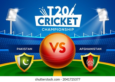 T20 Cricket Championship concept Pakistan vs Afghanistan match header or banner with cricket ball on stadium background.