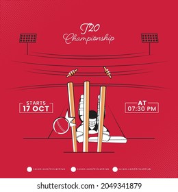 T20 Cricket Championship Concept With Run Out Batsman Or Non Striker On Red Playground View.