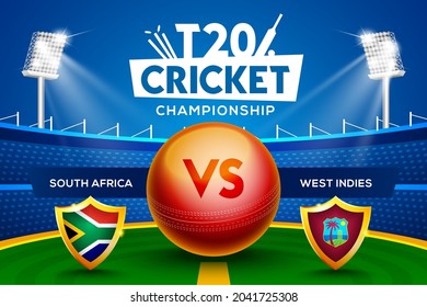 T20 Cricket Championship concept South Africa vs West Indies match header or banner with cricket ball on stadium background.