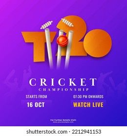 T20 Cricket Championship Font With Realistic Silver Trophy Cup On Gradient Violet Silhouette Players Background.