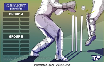 T20 Cricket Championship Group A  B List And Close Up Of Batsman Player Out Illustration.