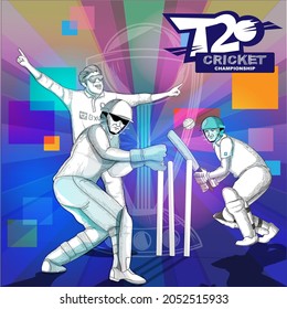 T20 Cricket Championship Poster Design With Concept Of Out Batsman, Cheering Bowler And Wicket Keeper On Abstract Trophy Cup Background.