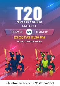 T20 Cricket Championship Poster or Flyer Design with Character Illustration of Rival Teams, Batters, Bowlers and Wicket Keepers in Their Jersey with Text Space for Match Details. 
