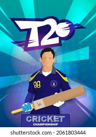 T20 Cricket Championship Template Design With Faceless Batter Player On Abstract Gradient Blue Background.