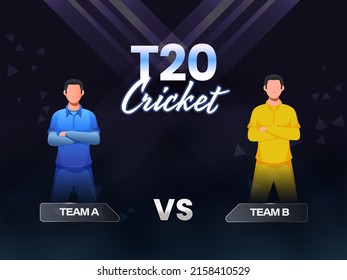 T20 Cricket Concept With Faceless Cricketer Players Of Participating Team A VS B On Blue Abstract Geometric Background.