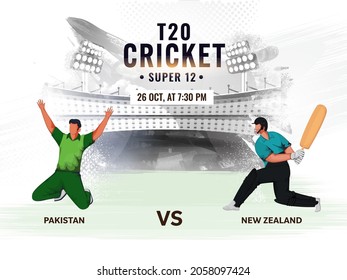 T20 Cricket Concept With Participating Team Players Of Pakistan VS New Zealand On Gray Stadium Texture Background.