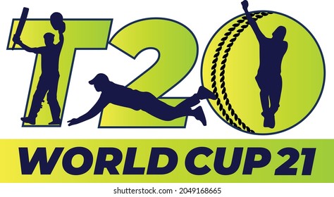 T20 Cricket cup 2021 stroked text Green and yellow gradient with silhouette cutouts of cricket players batsman, bowler, and fielder actions pack-Vector EPS10 illustration