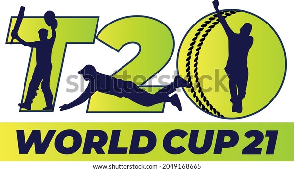 T20 Cricket cup\
2021 stroked text Green and yellow gradient with silhouette cutouts\
of cricket players batsman, bowler, and fielder actions pack-Vector\
EPS10 illustration