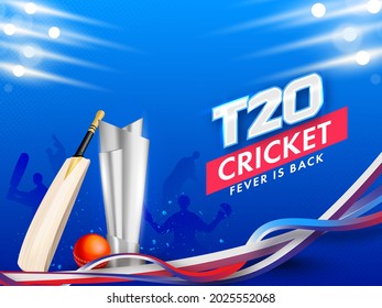 T20 Cricket Fever Is Back Concept With 3D Silver Trophy Award, Bat, Red Ball And Abstract Waves On Blue Light Effect Background.