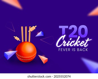 T20 Cricket Fever Is Back Concept With 3D Red Ball Hitting Stumps And Triangle Elements On Blue Background.