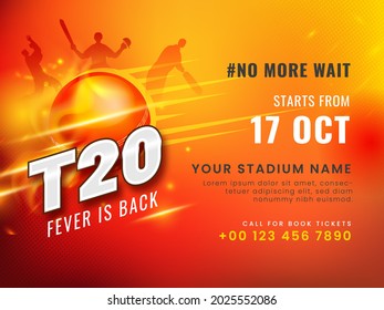 T20 Cricket Fever Is Back Concept With Golden Flare Effect Ball And Silhouette Players On Red Background.