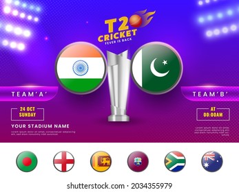 T20 Cricket Fever Is Back Concept With Silver Winning Trophy Of Participated Team India VS Pakistan On Purple And Blue Stadium Lights Background.