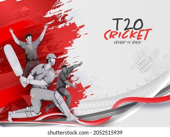 T20 Cricket Fever Is Back Concept With Cartoon Batsman, Bowler Players And Red Brush Stroke On Gray Waves Background.