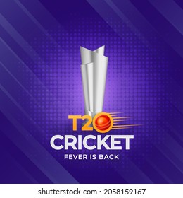 T20 Cricket Fever Is Back Concept With 3D Silver Trophy Award On Purple Halftone Effect Background.