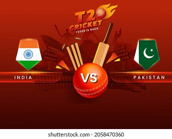 T20 Cricket Fever Is Back Concept With Shiny Flag Shield Of Participating Team India VS Pakistan And 3D Equipments On Red Stadium Background.