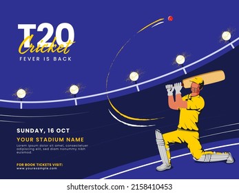 T20 Cricket Fever Is Back Concept With Cartoon Batsman Player Hitting Ball On Blue Background.