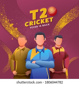 La fiebre del críquet T20 es texto de vuelta con caracter de bola roja y de cricket sin rostro sobre el fondo del efecto de pincel rosa y amarillo.