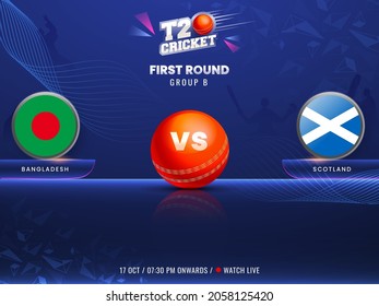 T20 Cricket First Round Group A Match Betweeb Bangladesh VS Scotland On Blue Abstract Background.