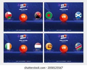 T20 Cricket First Round Group A VS B Basado En El Diseño De Afiches Con La Bandera De Los Países Participantes En Fondo Azul En Cuatro Opciones.