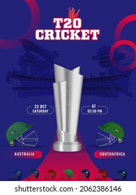 T20 Cricket Flyer Design With Participating Countries Helmets And 3D Silver Trophy Cup On Abstract Blue Stadium View.