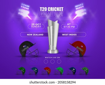 T20 Cricket Game On! Concept With 3D Silver Trophy Cup And Participating Team New Zealand VS West Indies Of Helmets On Purple Background.